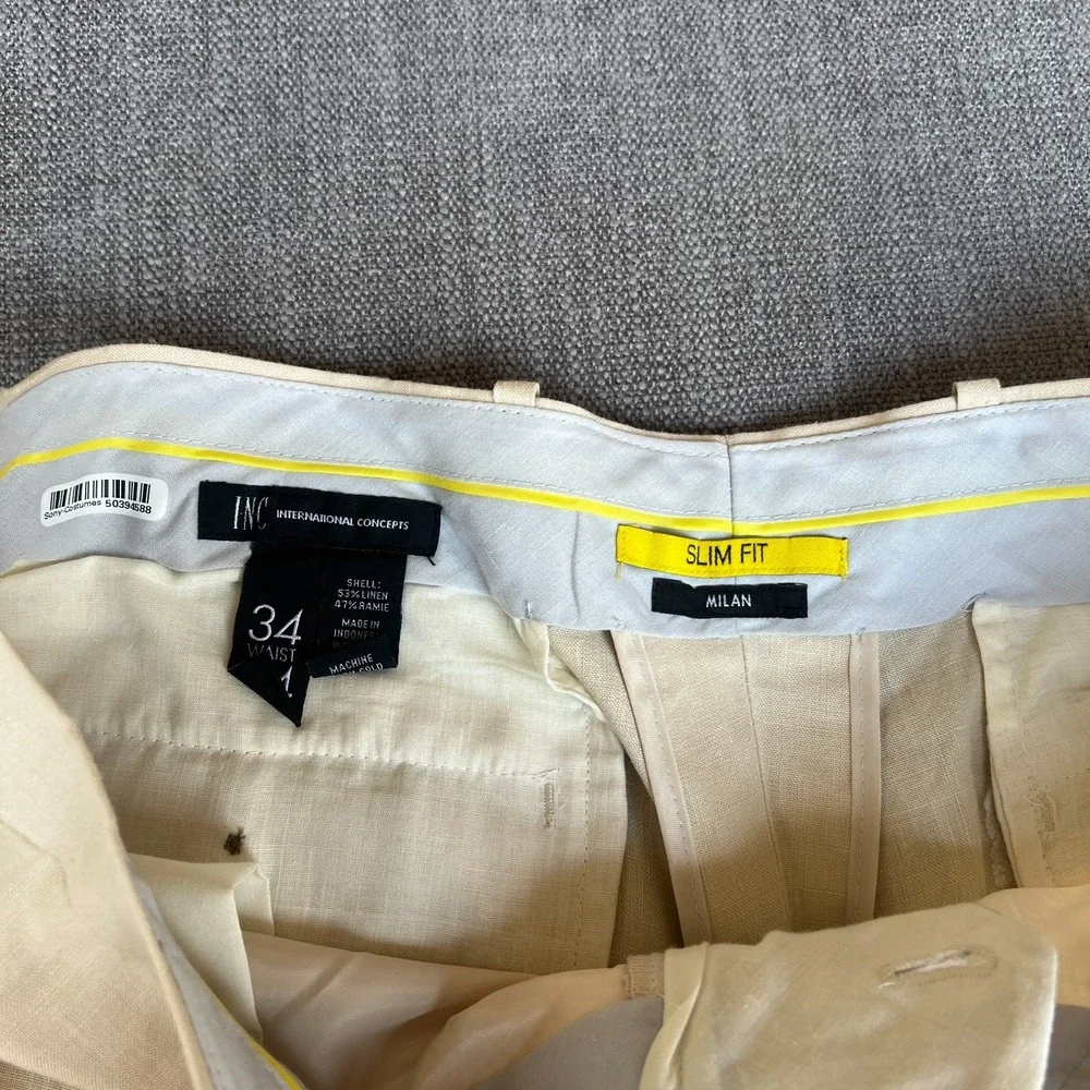 INC International Concepts Chino Pants Mens 34x34 Tan Linen Ramie Blend Slim Fit